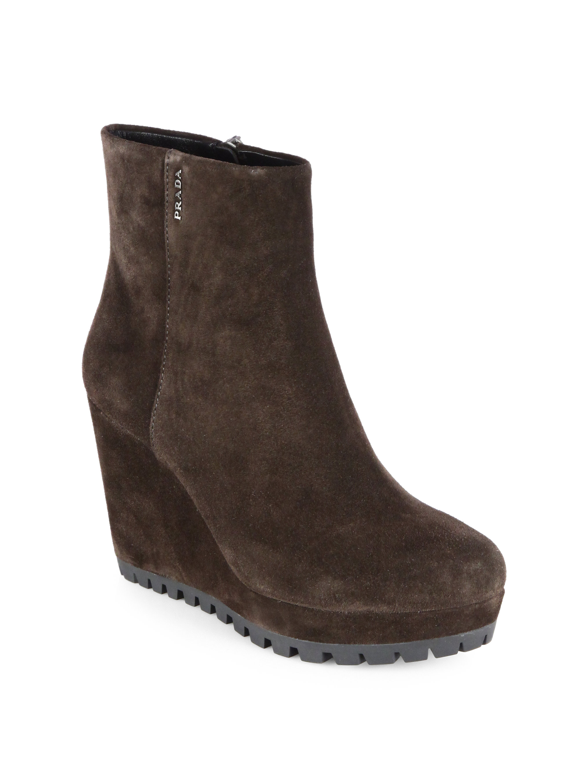 Prada Suede Wedge Ankle Boots in Brown | Lyst