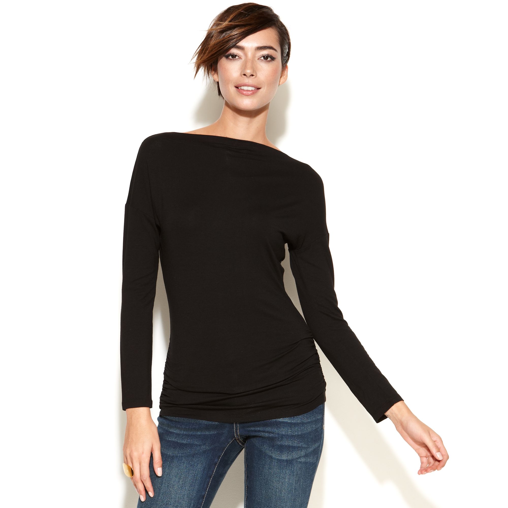 INC International Concepts Long Sleeve Boat Neck Tee in Black | Lyst