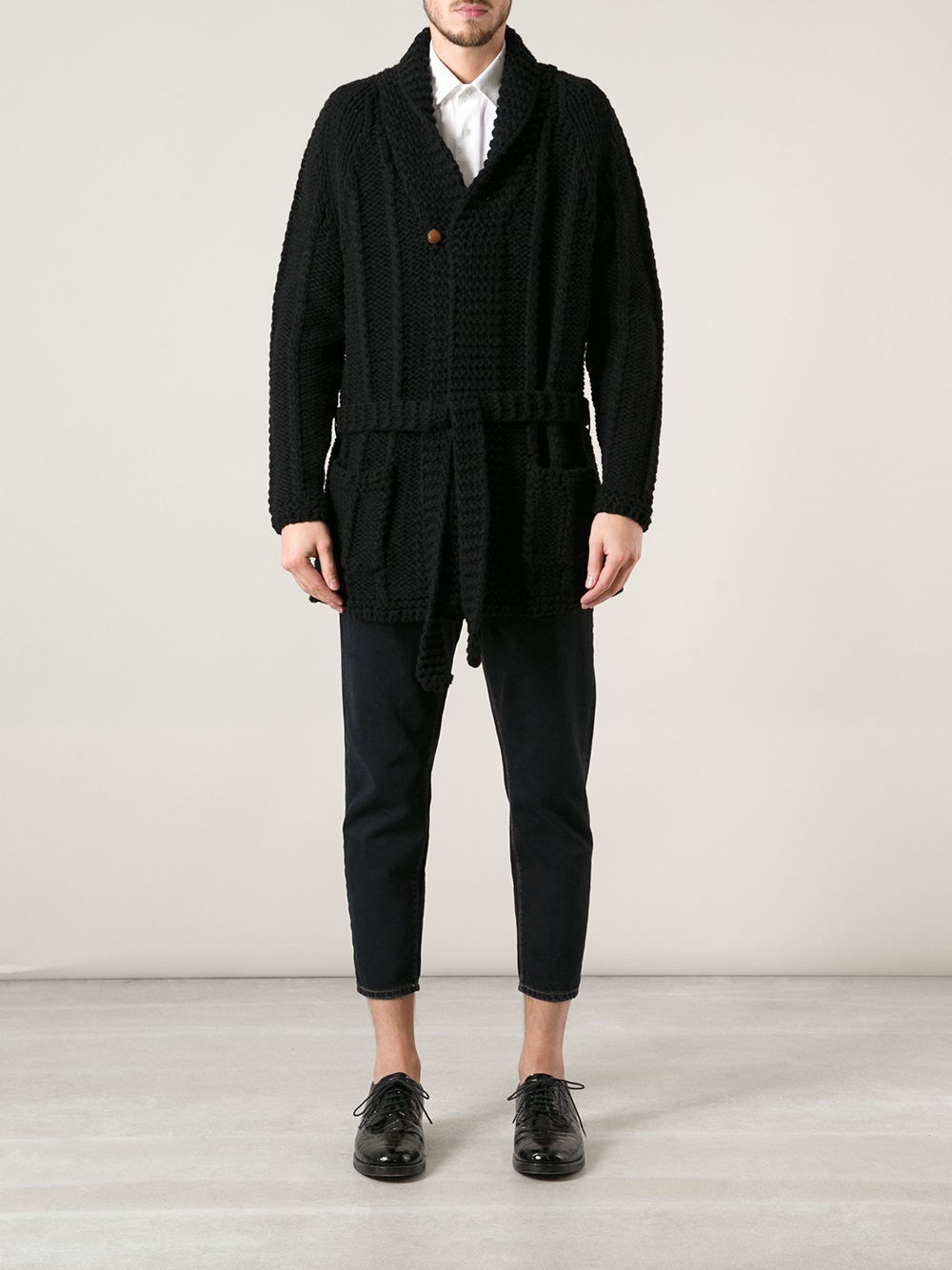 Laneus Knitted Belted Cardigan in Black for Men - Lyst
