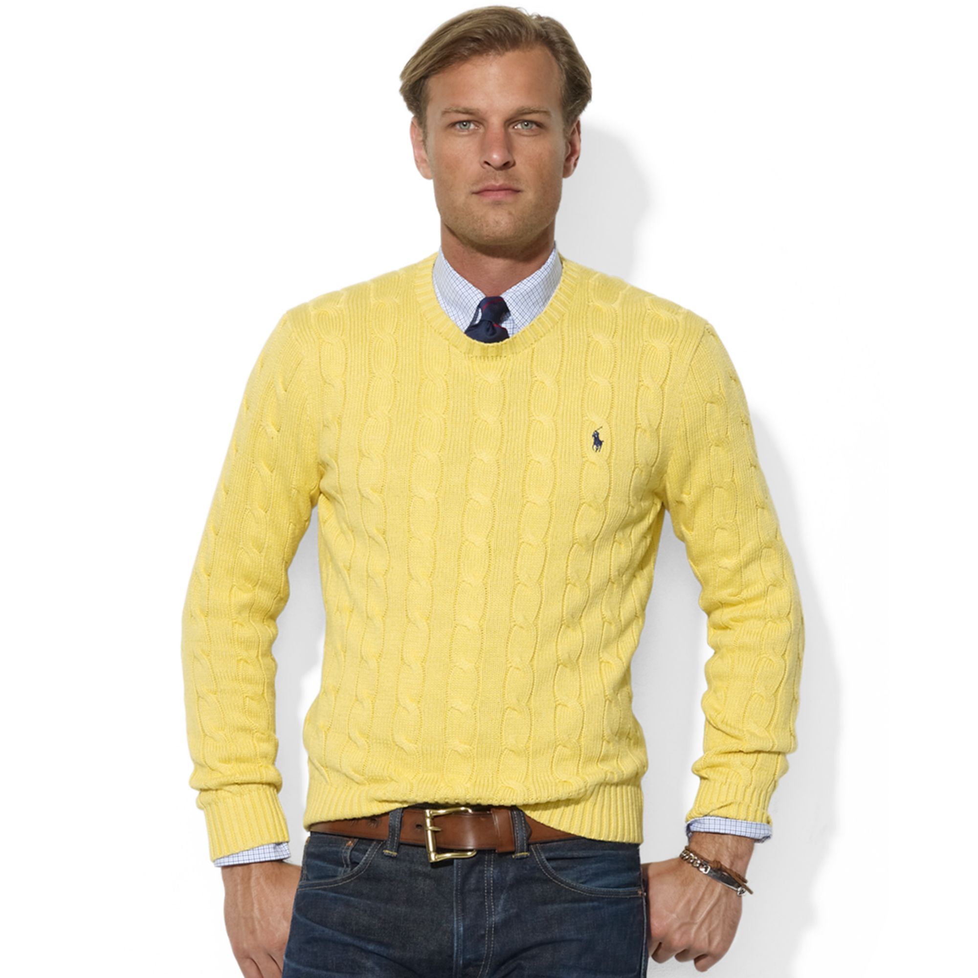 Ralph Lauren Roving Crew Neck Cable Cotton Sweater in Yellow for Men - Lyst