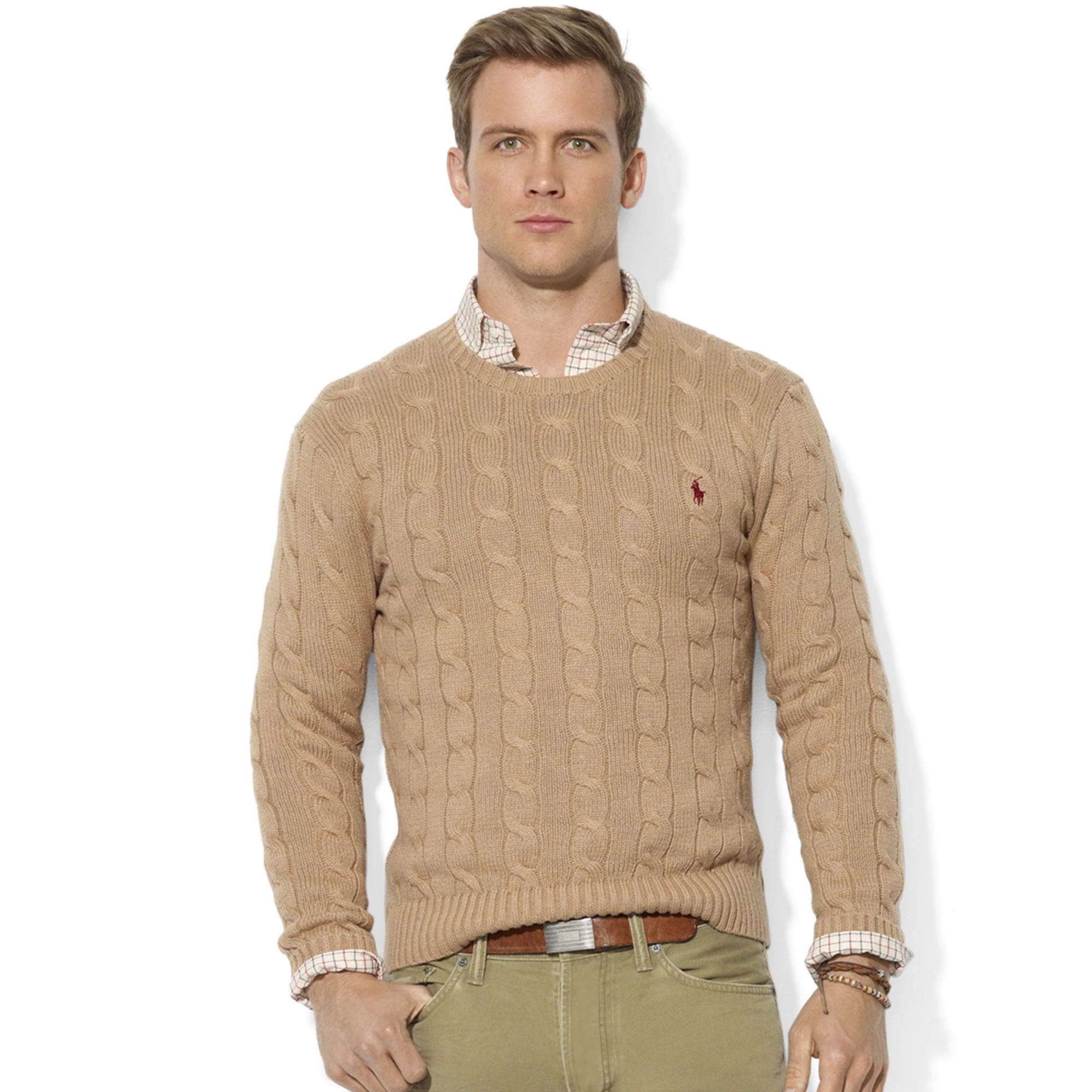 Ralph Lauren Roving Crew Neck Cable Cotton Sweater in Natural for Men - Lyst