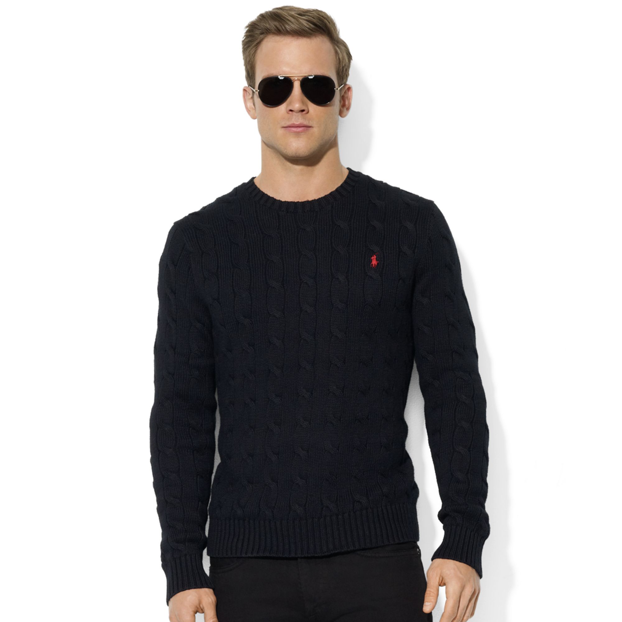 Lyst - Ralph Lauren Roving Crew Neck Cable Cotton Sweater in Black for Men