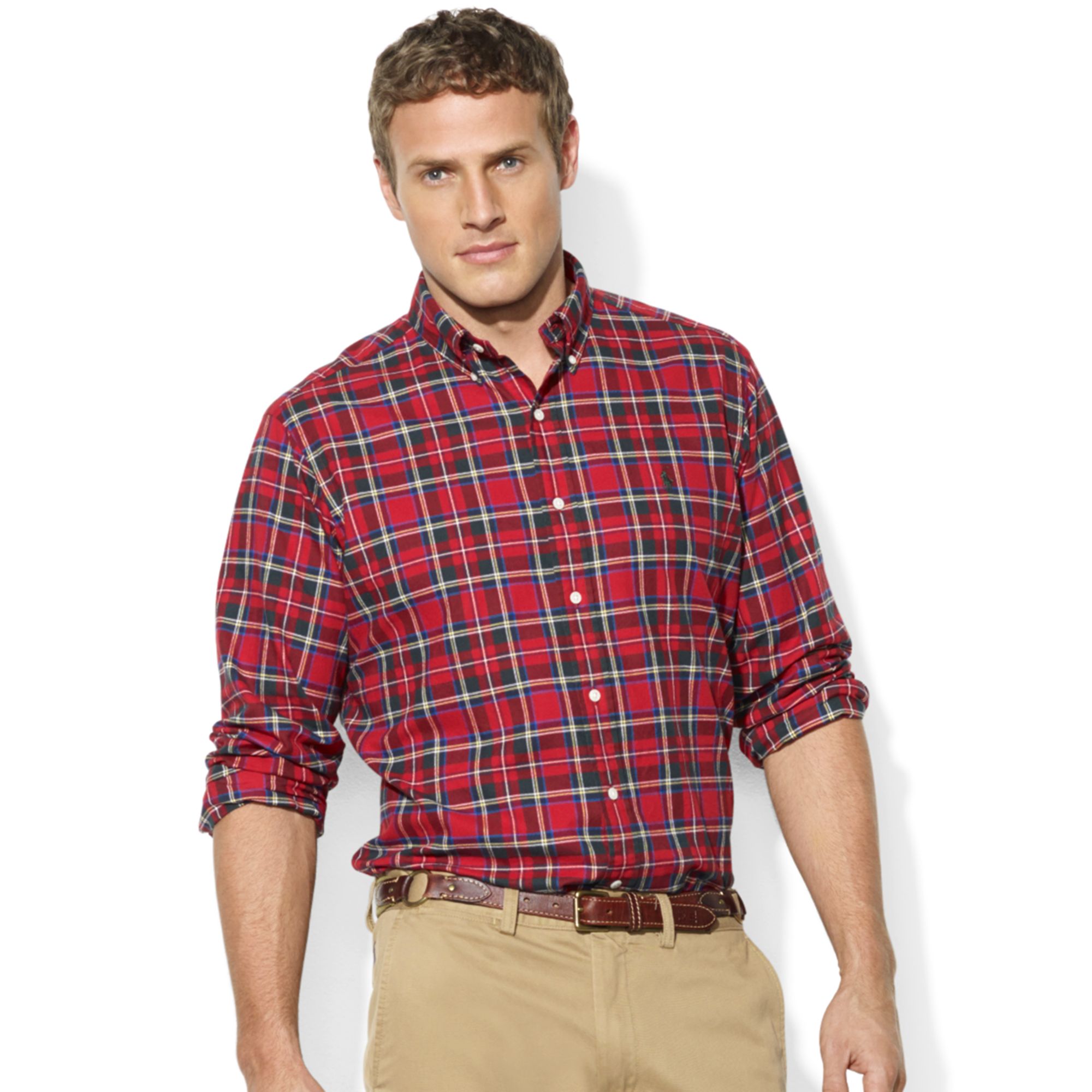 Ralph lauren Classic Fit Long Sleeve Plaid Brushed Oxford Shirt in Red
