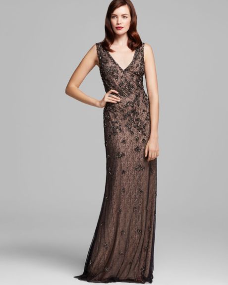 Aidan Mattox Beaded Lace V Neck Gown in Brown (Black/Nude) | Lyst