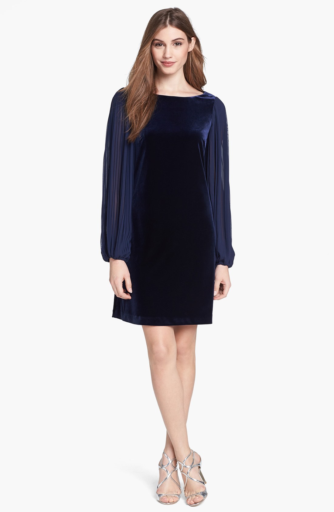 Eliza J Pleated Blouson Sleeve Velvet Shift Dress in Blue (Navy) Lyst