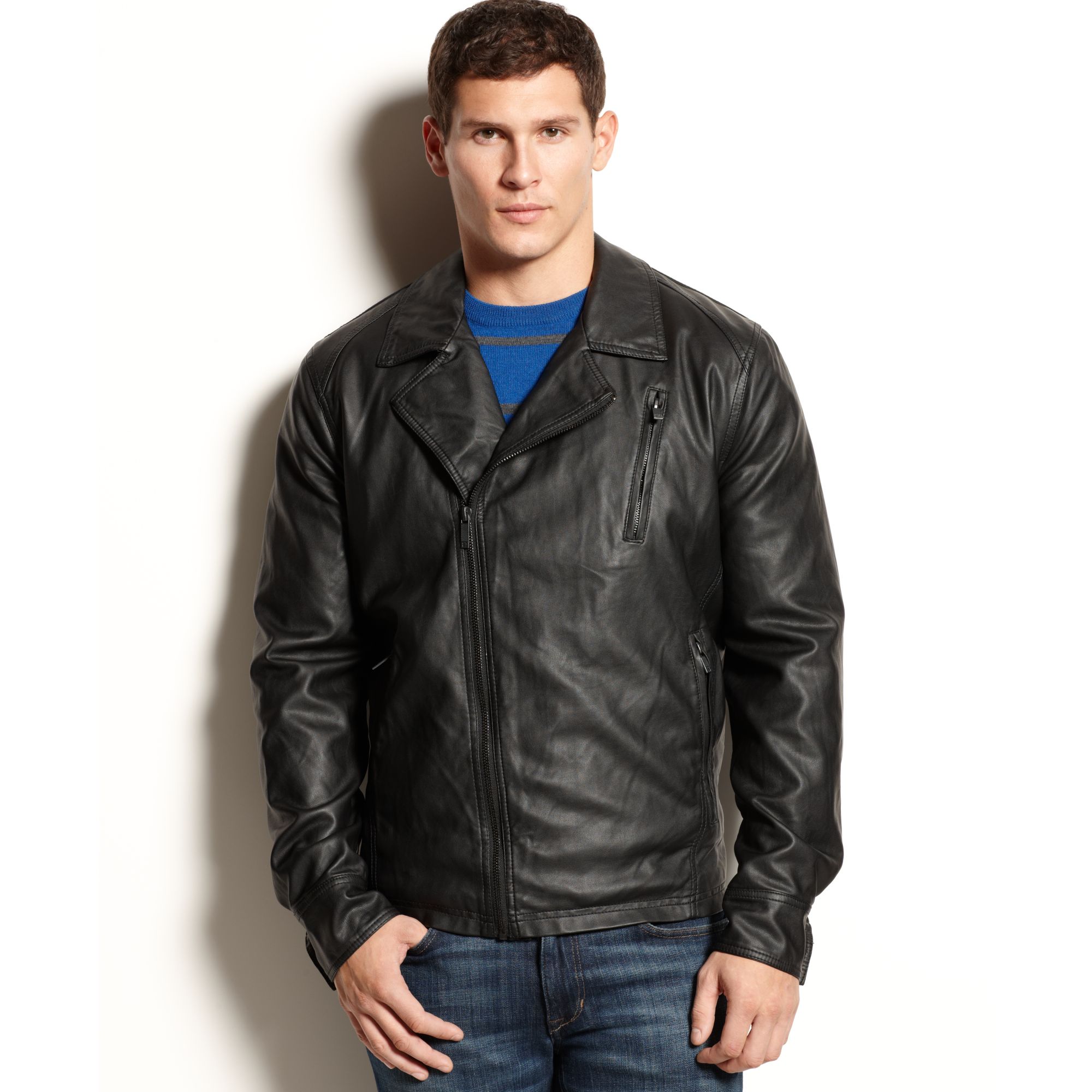 Kenneth cole Faux Leather Asymetrical Jacket in Black for Men | Lyst