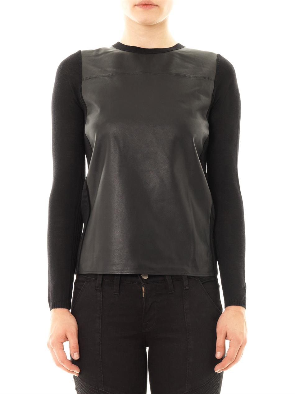 Vince Leather Front Sweater in Black Lyst