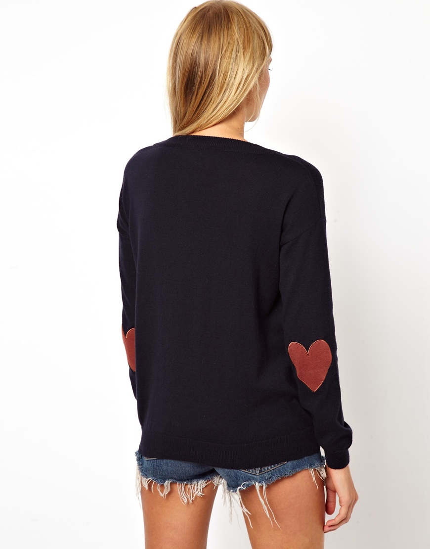ASOS Heart Elbow Patch Sweater in Navy Blue Lyst