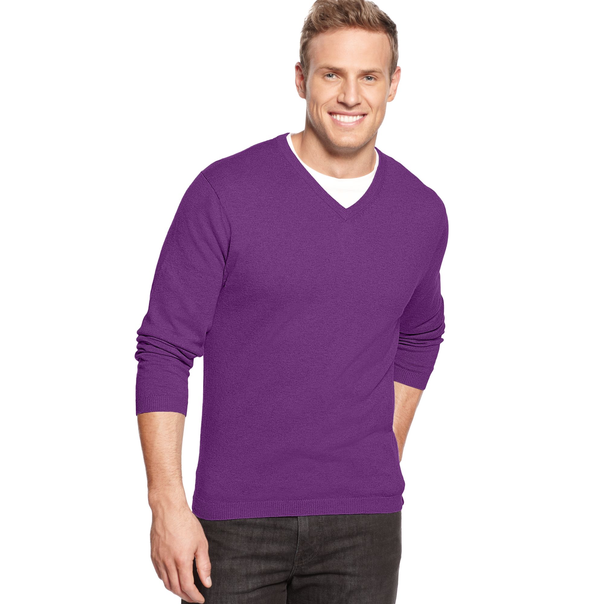 Weatherproof Cotton Cashmere V Neck Sweater in Faded Indigo (Purple ...