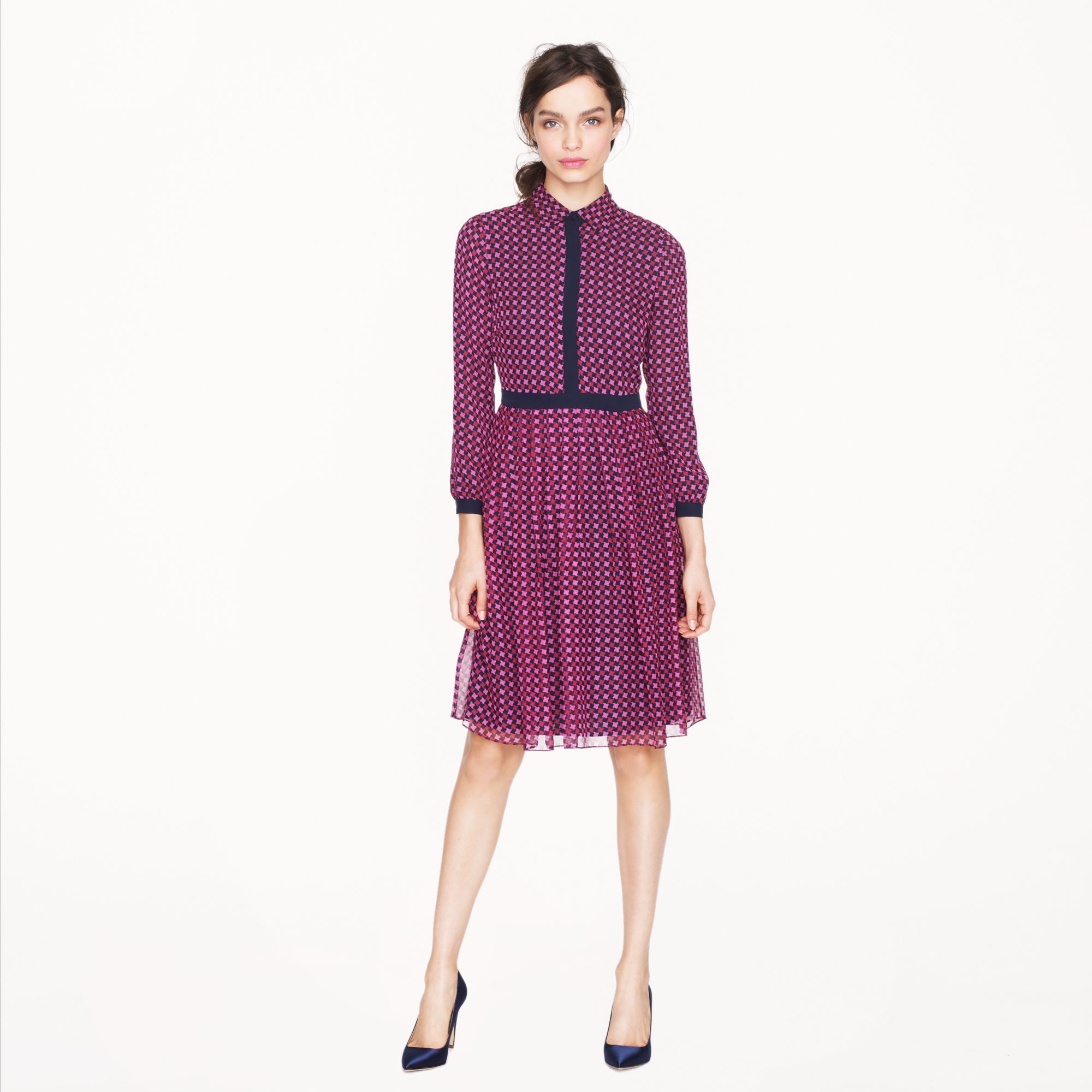 J.Crew Houndstooth Chiffon Shirtdress in Bright Pink (Pink) Lyst