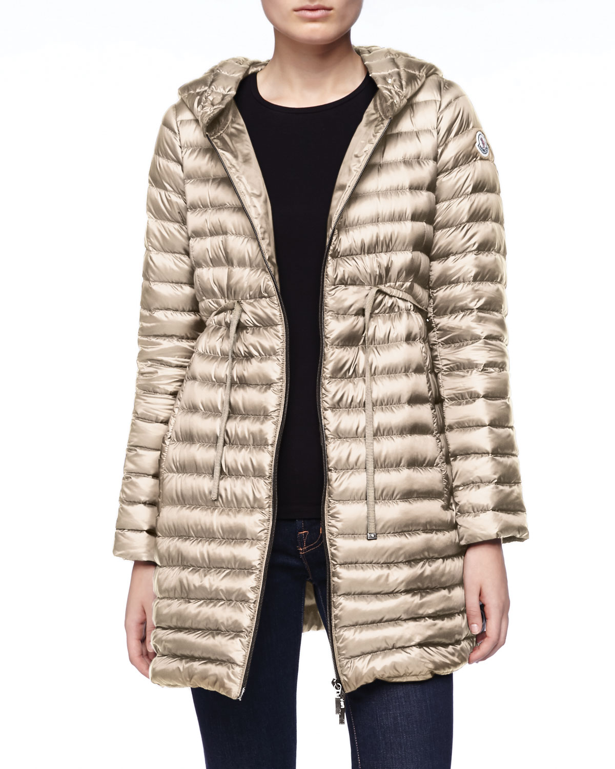 Moncler Long Puffer Drawstring Coat Stone in Metallic - Lyst