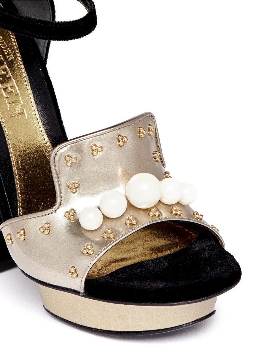 Alexander McQueen Embellished Metallic Leather Velvet Platform Sandals