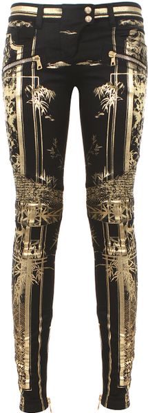 Balmain Black and Goldtone Printed Biker Jeans in Gold (black) | Lyst