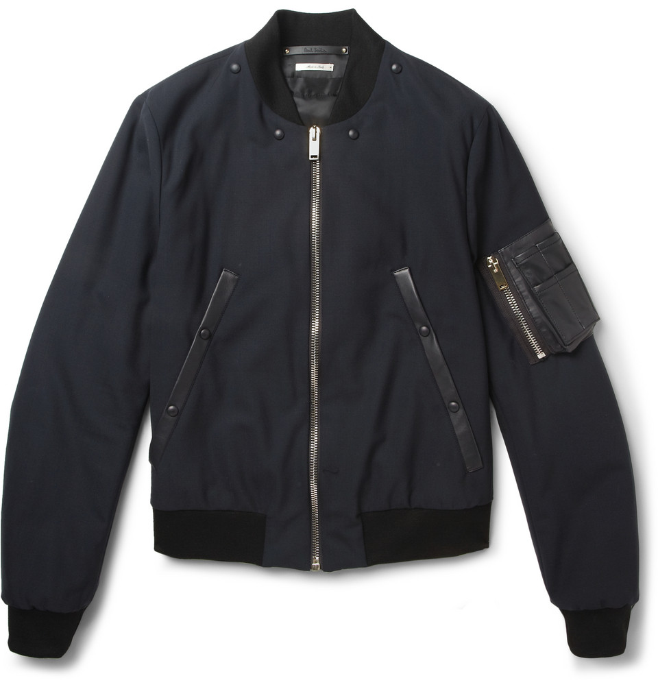 Paul Smith LeatherTrimmed WoolBlend Bomber Jacket in Blue for Men Lyst