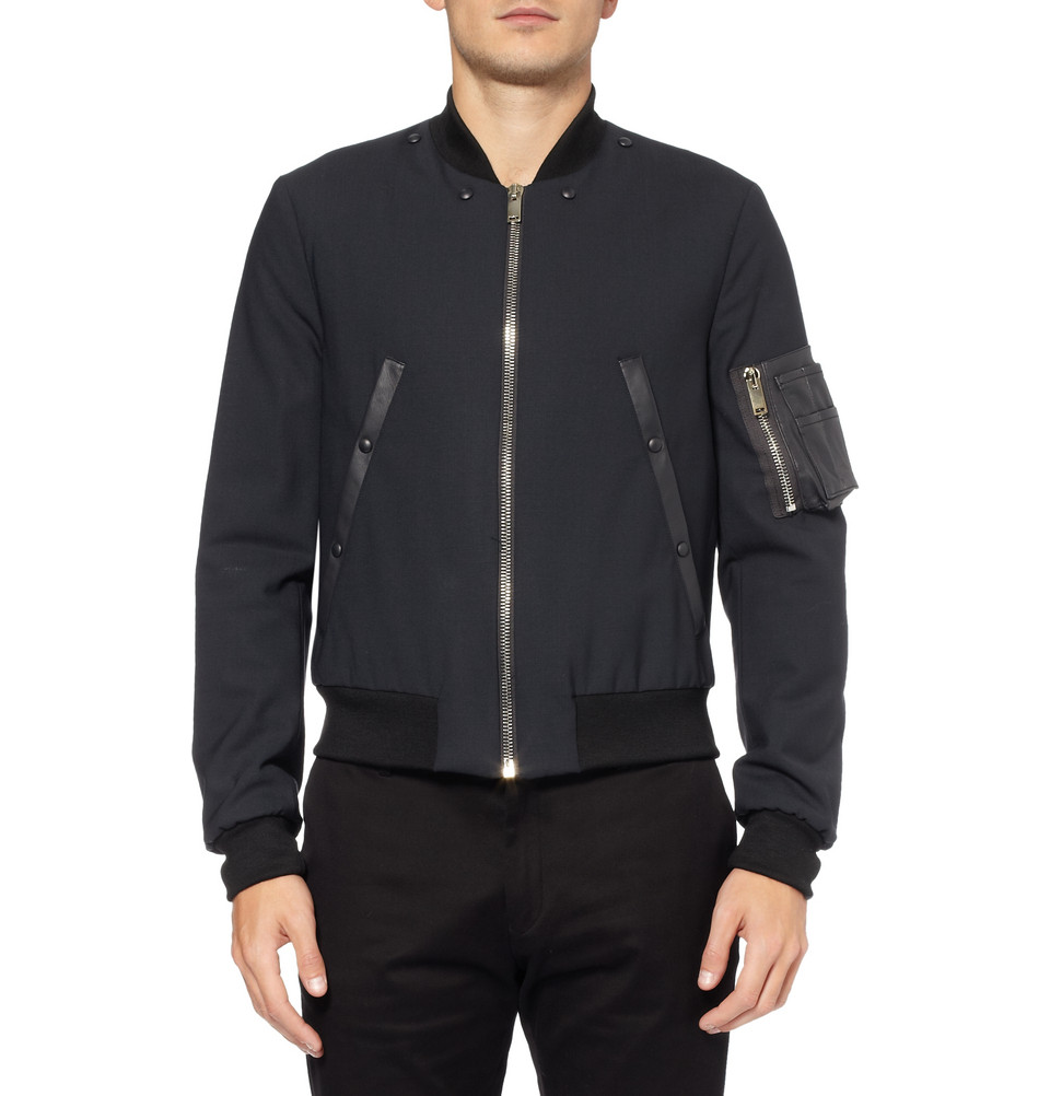 Paul Smith Leather-Trimmed Wool-Blend Bomber Jacket in Blue for Men - Lyst