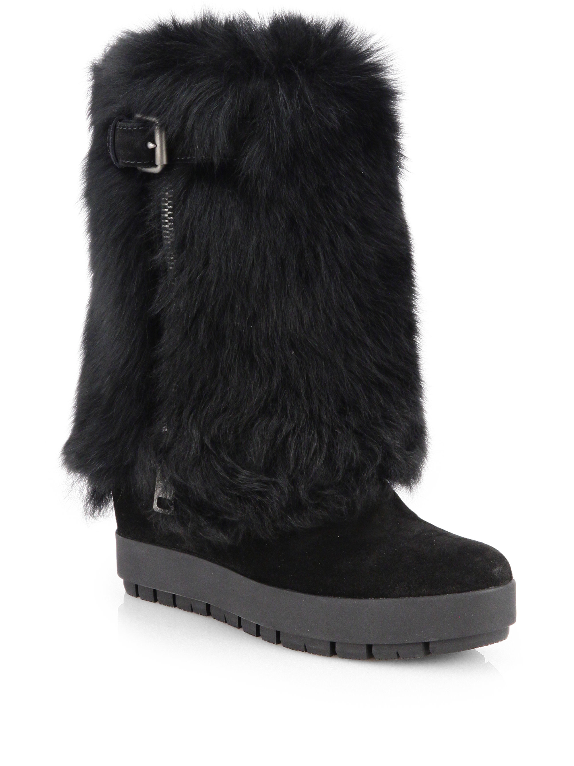 Prada Shearling Fur Suede Platform Wedge Boots in Black | Lyst