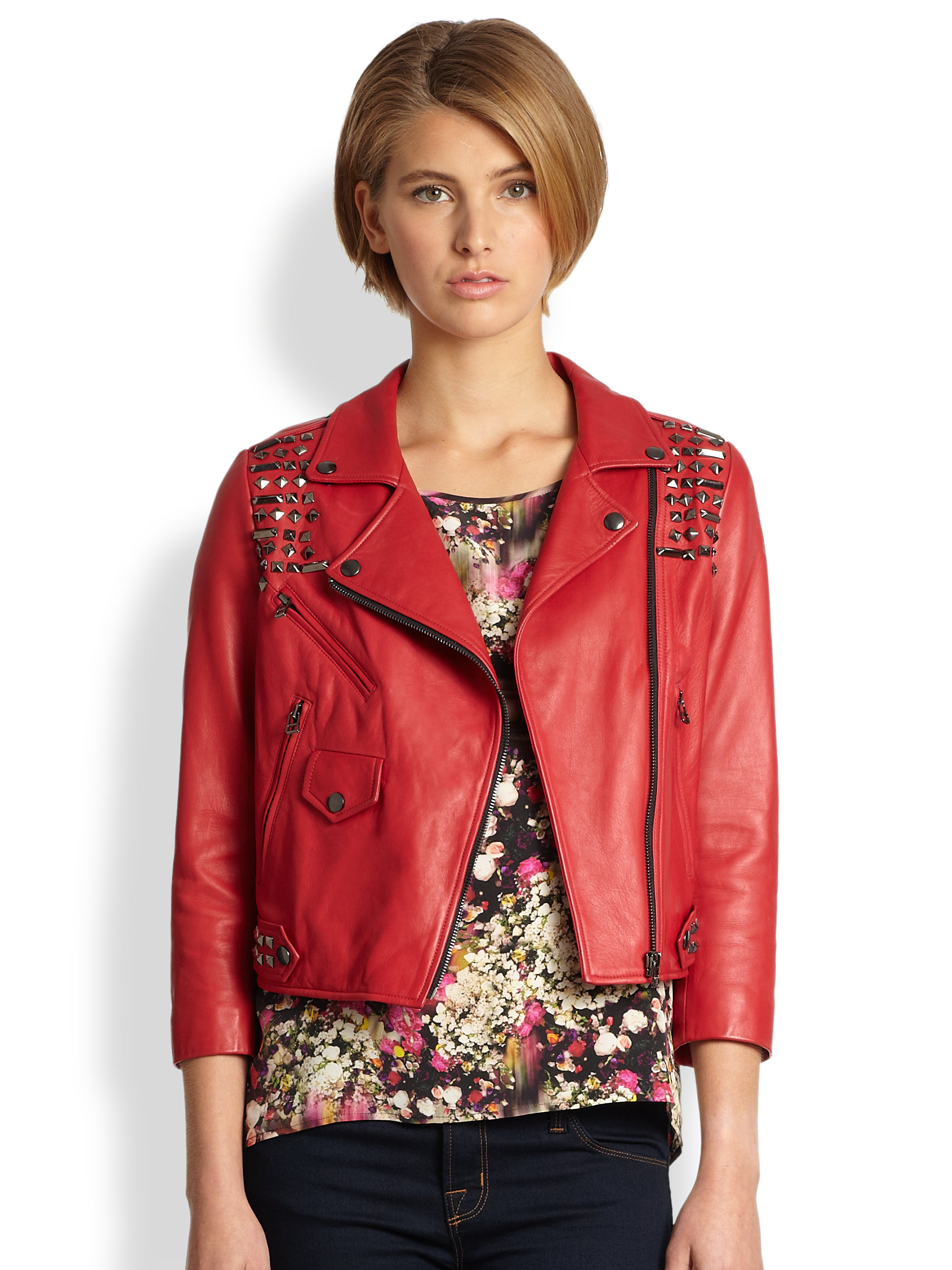 Rebecca Minkoff Red Wes Embellished Leather Moto Jacket