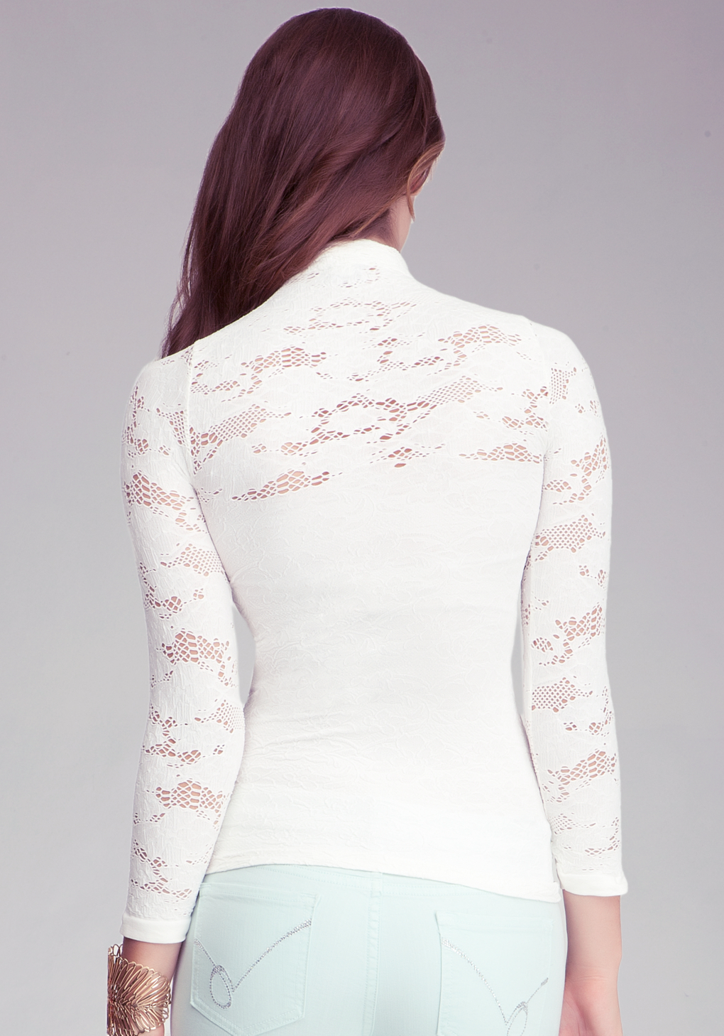 Lyst Bebe Mock Neck Lace Top In White