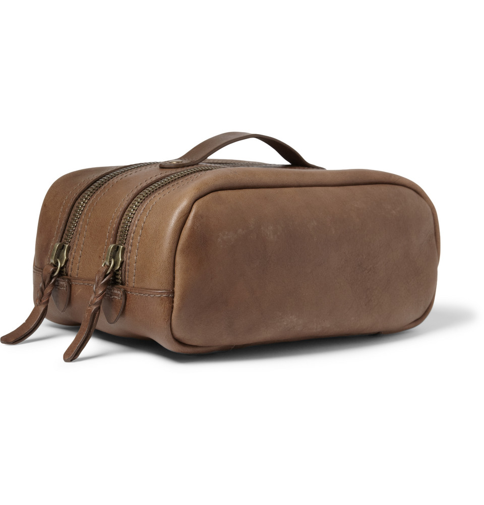 mens brown leather wash bag