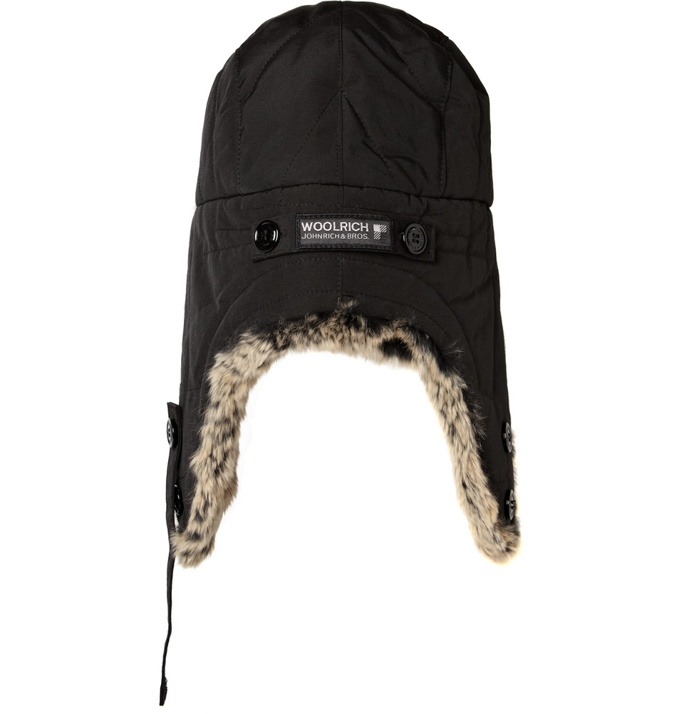 Woolrich Rabbittrimmed Cottonblend Trapper Hat in Black for Men Lyst