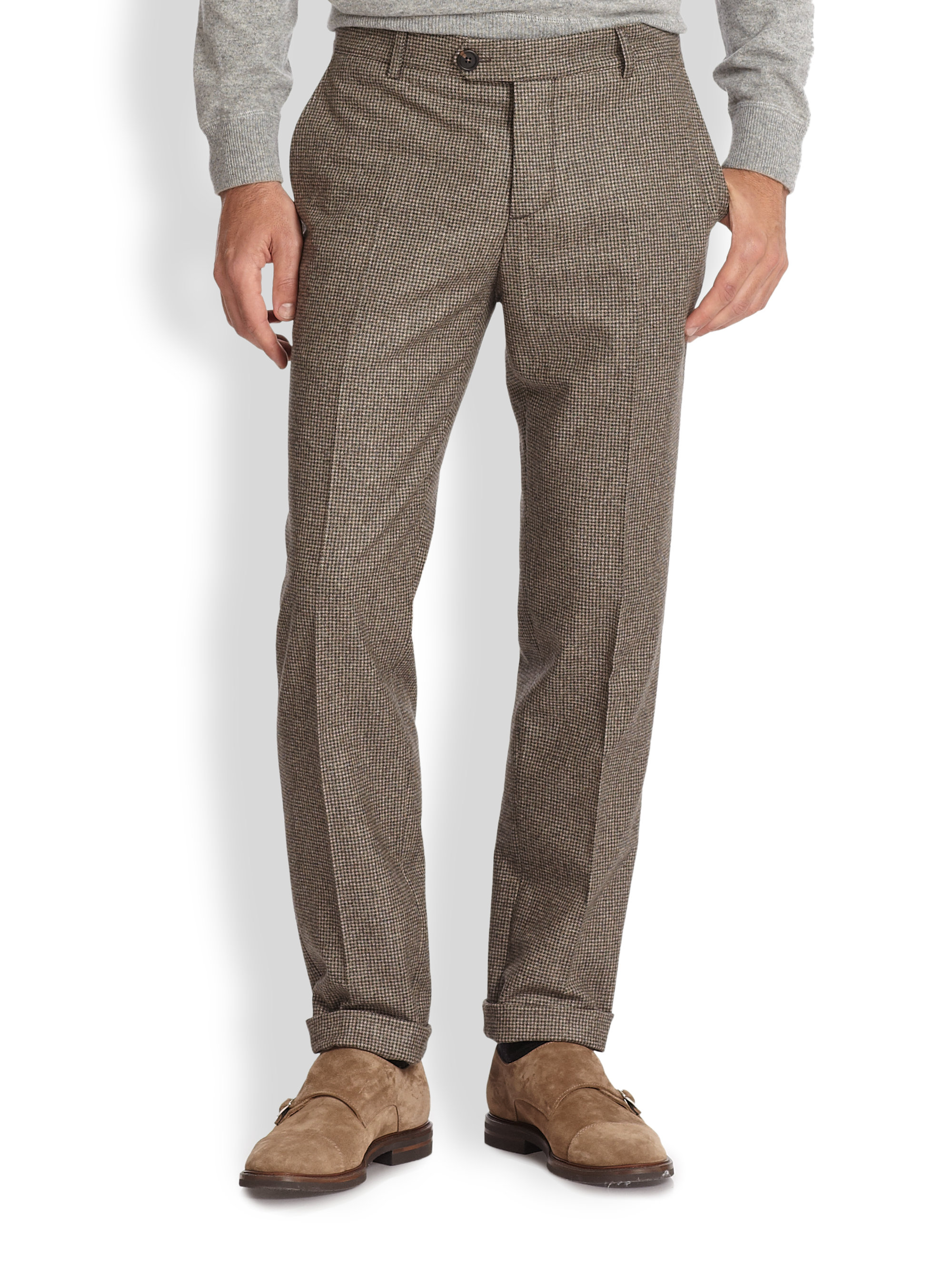 Brunello Cucinelli Houndstooth Wool Pants in Brown for Men - Lyst