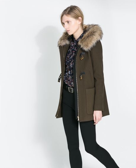 Zara Duffle Coat with Fur Trimmed Hood in Khaki