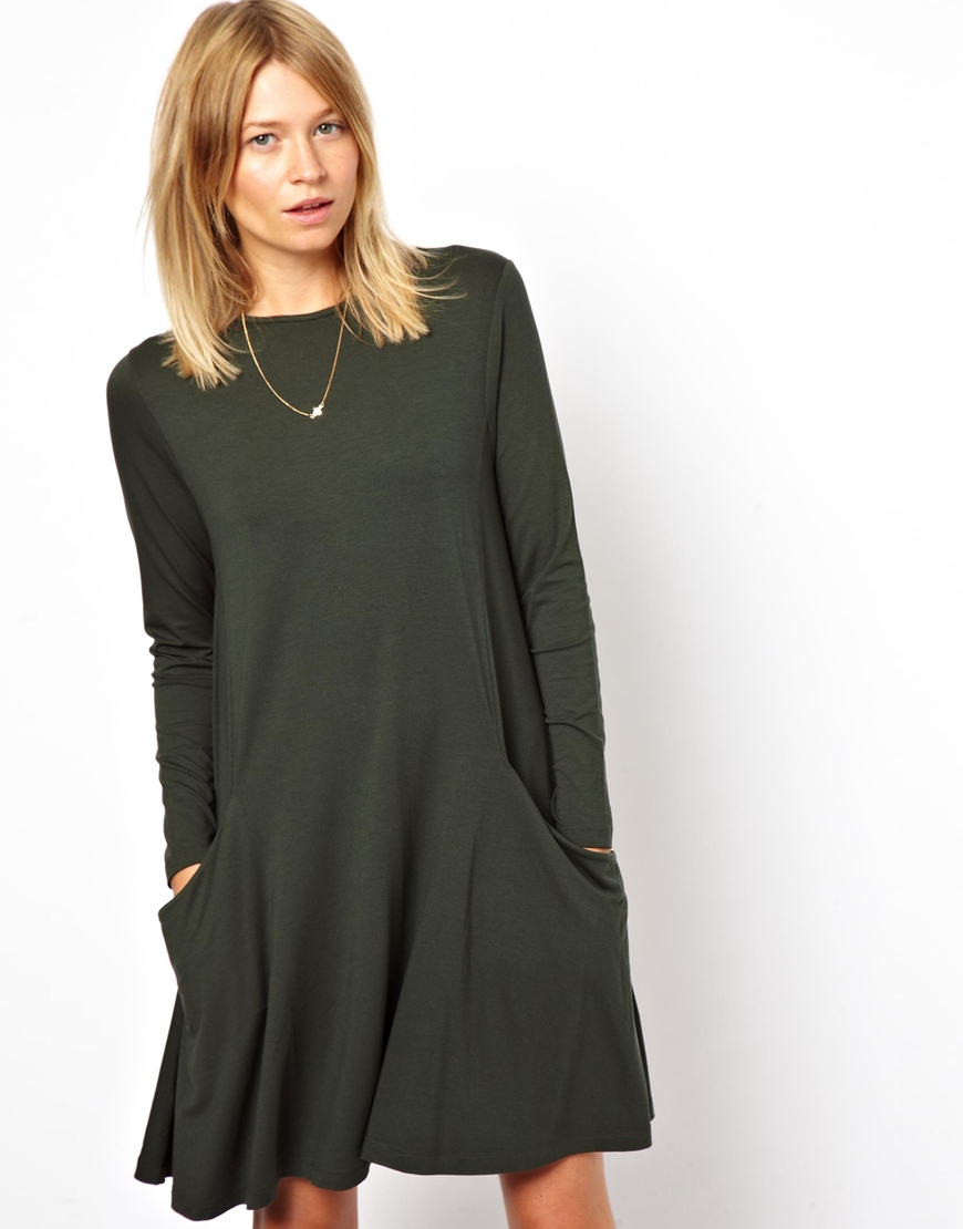 ASOS Swing Dress With Pockets And Long Sleeves in Black | Lyst
