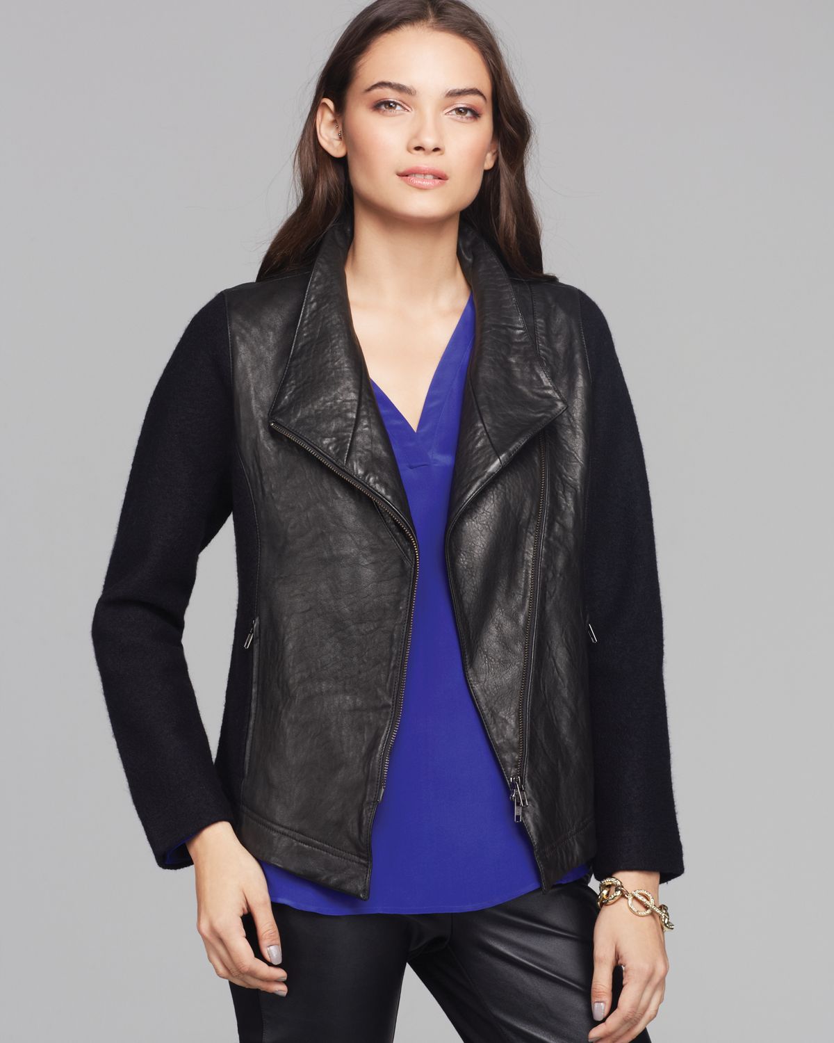Eileen fisher Leather Front Jacket in Black | Lyst
