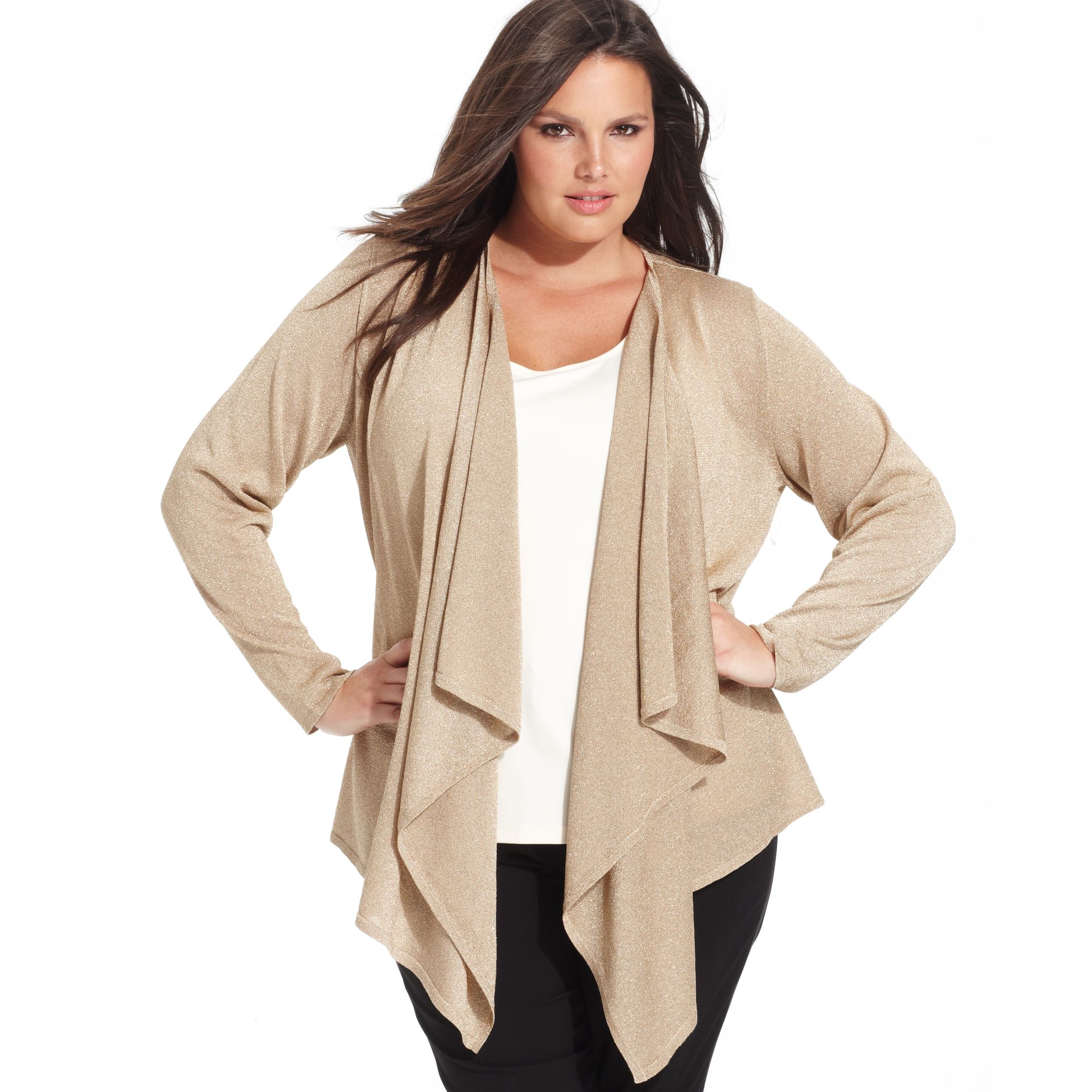 lyst calvin klein long sleeve metallic cardigan in natural gold cardigan plus size