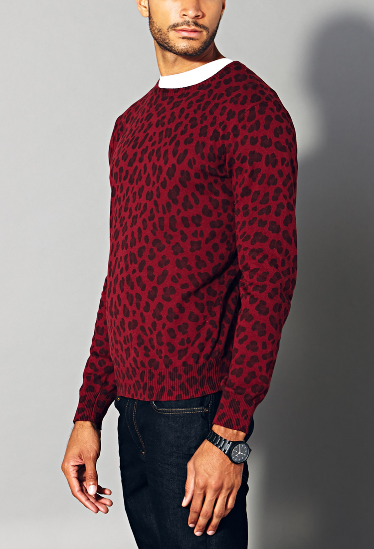 Forever 21 Leopard Crew Neck Sweater in Burgundy (Red) for Men - Lyst