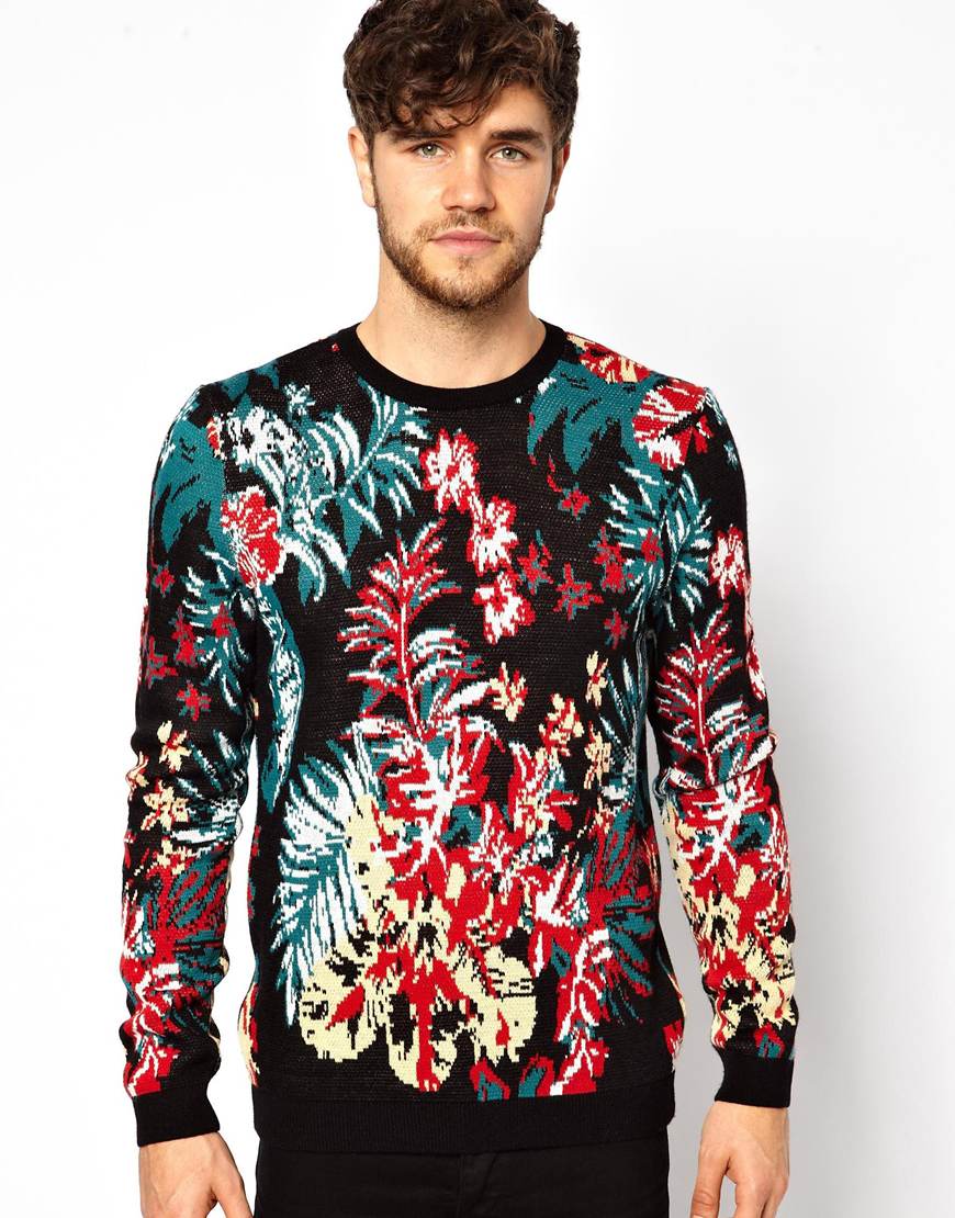 Jofemuho Mens Floral Printed Roundneck Fashion Slim Fit Knitted Pullover Sweaters 