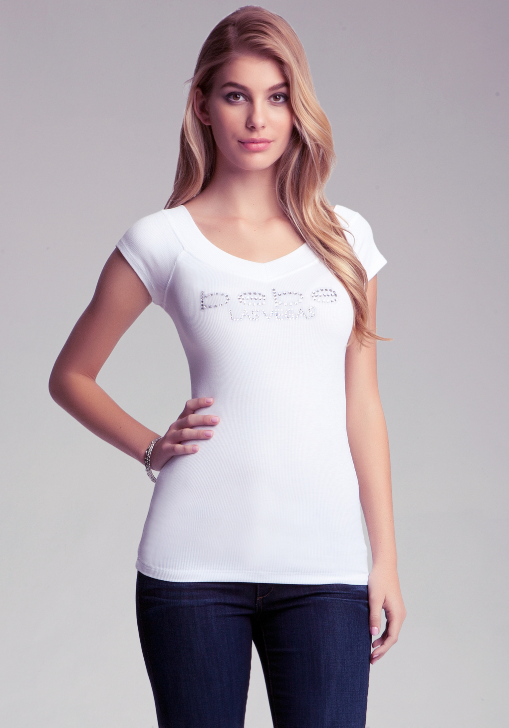 Bebe Synthetic Las Vegas V Neck Logo Tee In White Lyst