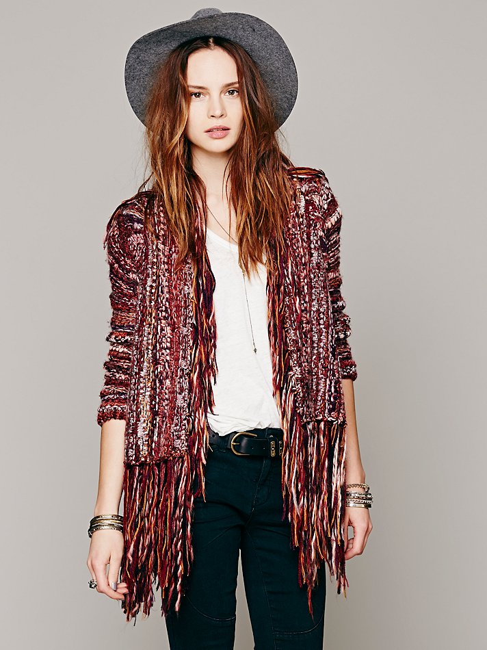 Free people Short Fringe Cardigan in Red | Lyst