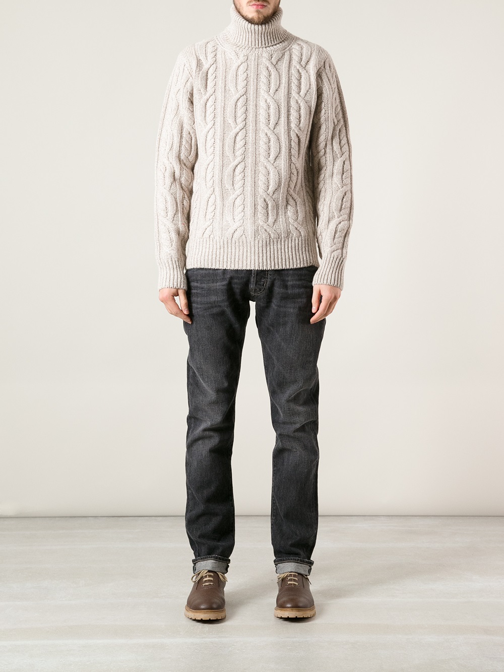 Hackett Cable Knit Roll Neck Sweater in White for Men (nude & neutrals ...
