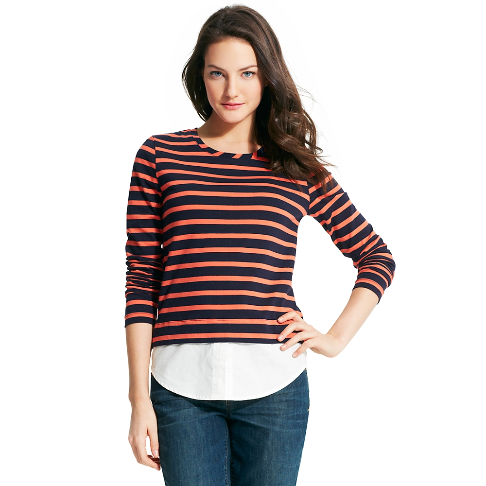 Tommy Hilfiger Striped Knit To Woven Top in Blue (NAVY/CORAL) | Lyst
