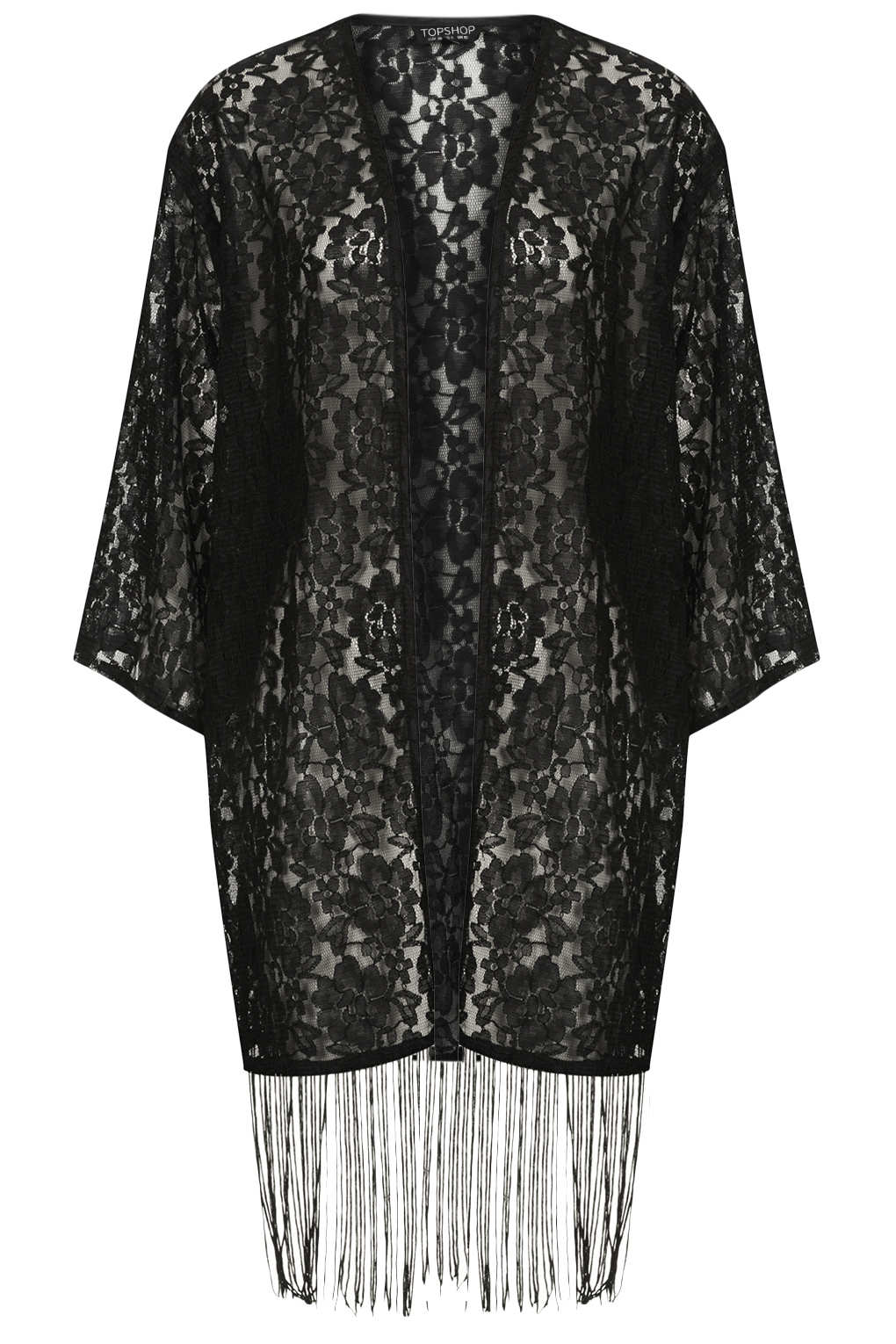 Lyst - Topshop Lace Fringe Kimono Cardigan in Black