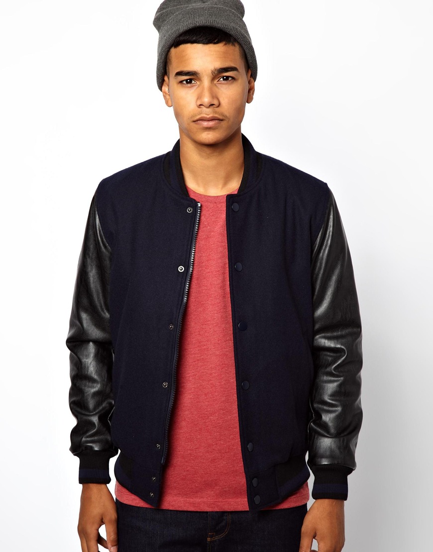 Asos Bomber Jacket with Contrast Leather Look Sleeves in Black for Men ...