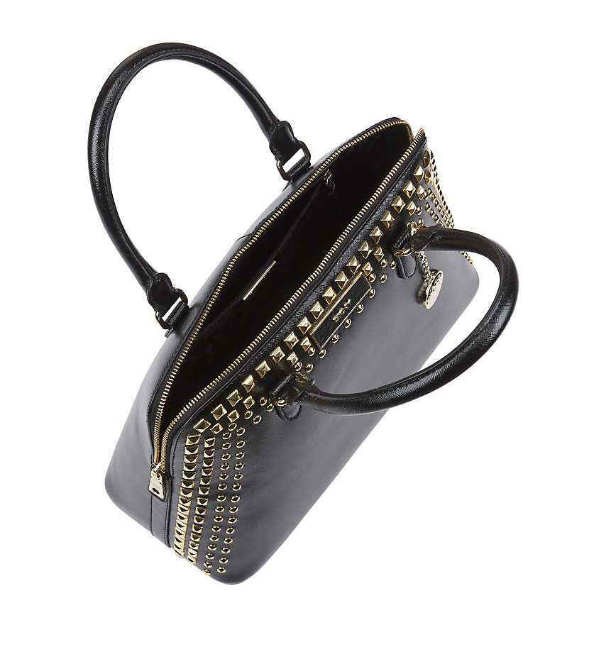 Dkny Shiny Saffiano Studded Round Satchel in Black Lyst