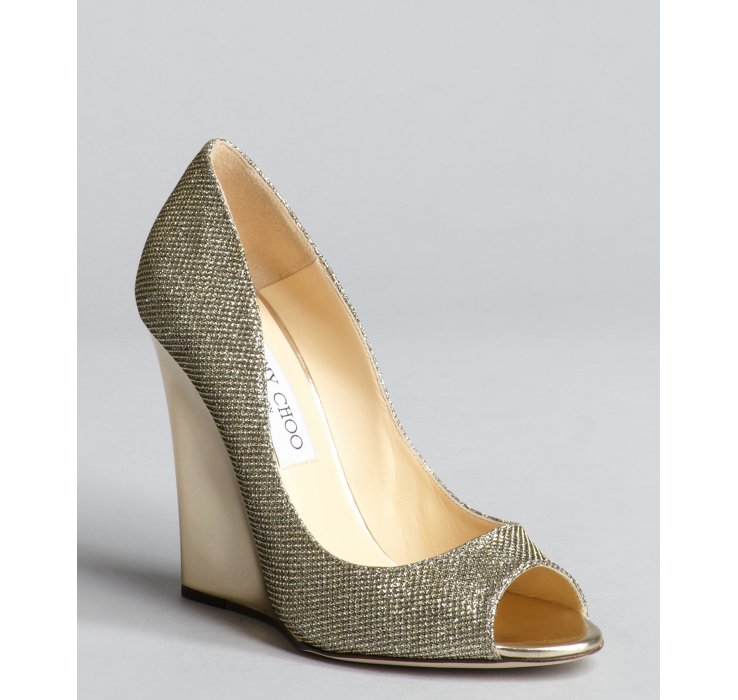 Lyst Jimmy Choo Light Bronze Glitter Leather Biel Peep Toe Wedge