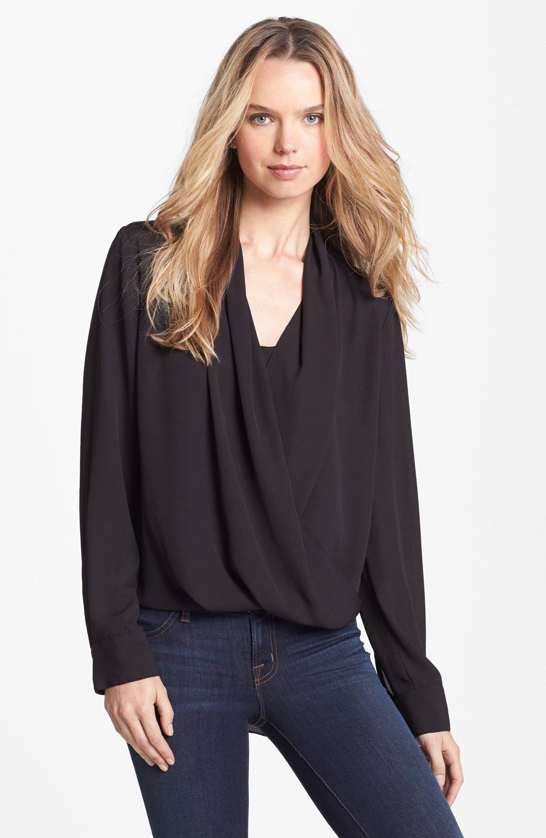 Vince Camuto Wrap Front Shirt-tail Blouse in Black (Rich Black) | Lyst