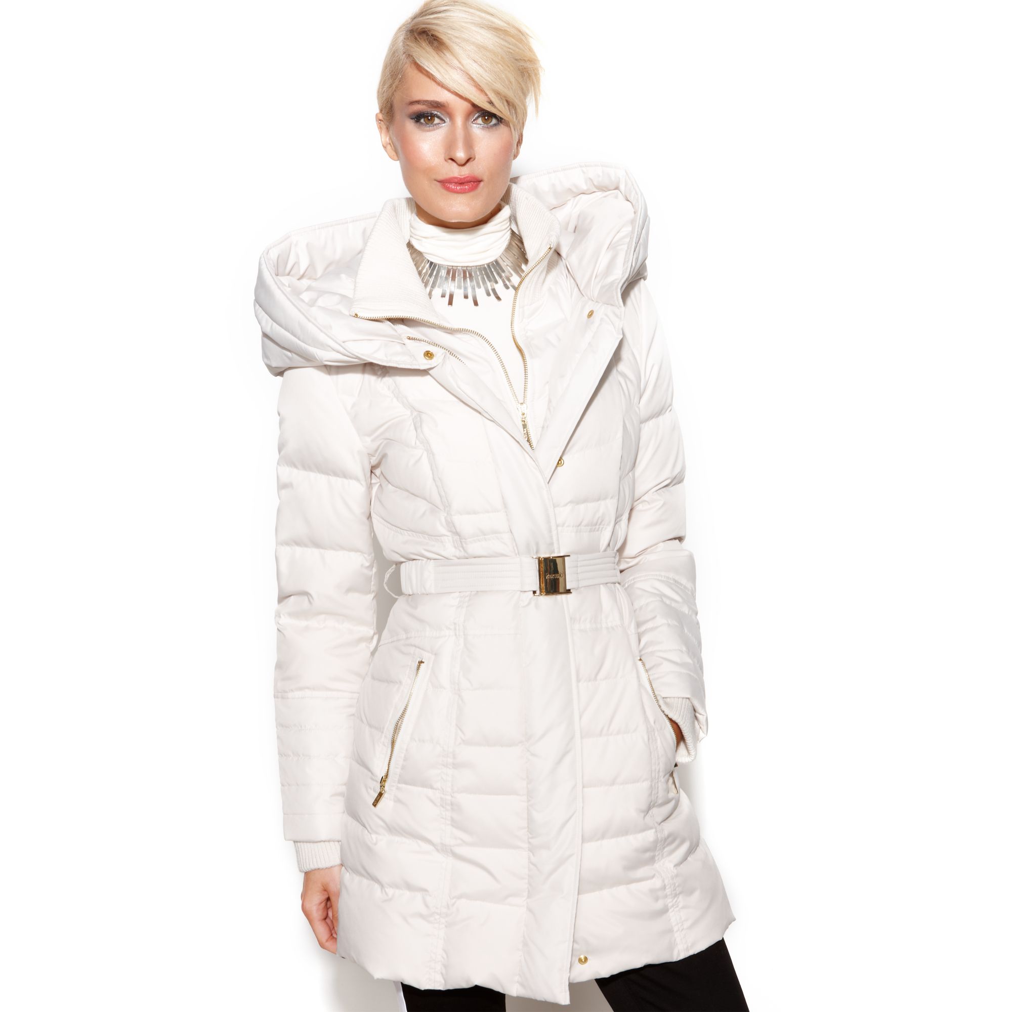 Kensie Hooded Quilted Belted Puffer in Eggshell (White) - Lyst