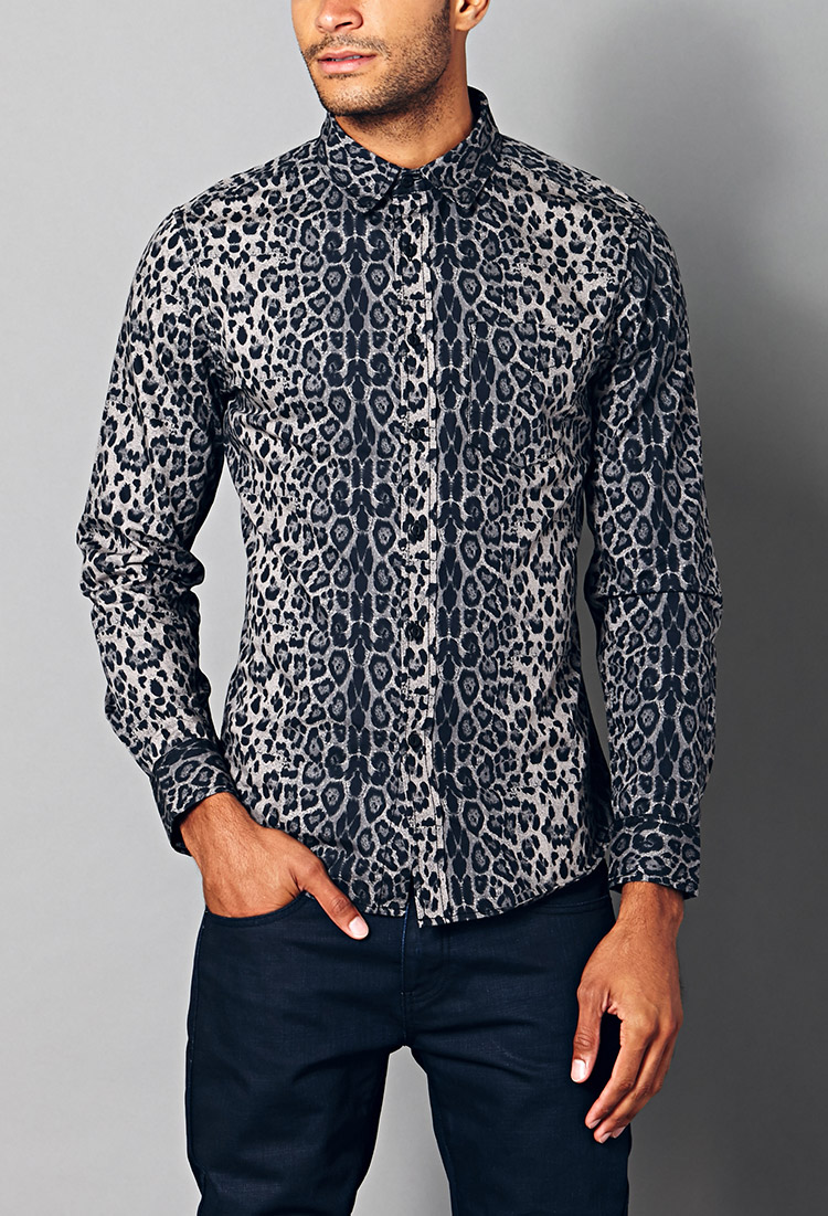 Lyst - Forever 21 Slim Fit Leopard Print Shirt in Black for Men