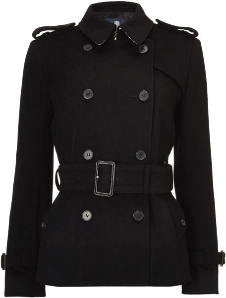 Aquascutum Belted Double Breasted Wool Trench Coat in Black | Lyst