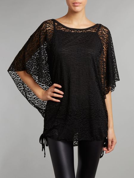 Izabel London Animal Print Sheer Batwing Top in Black | Lyst