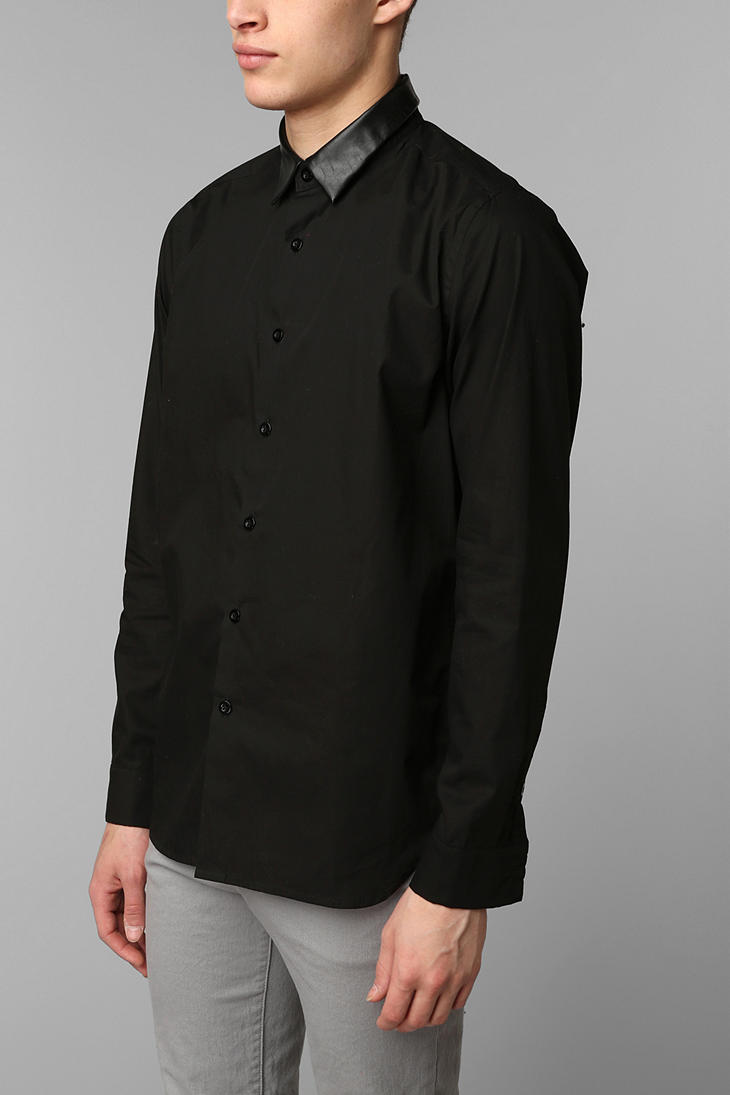 Urban Outfitters Vegan Leather Collar Buttondown Shirt in Black for Men |  Lyst