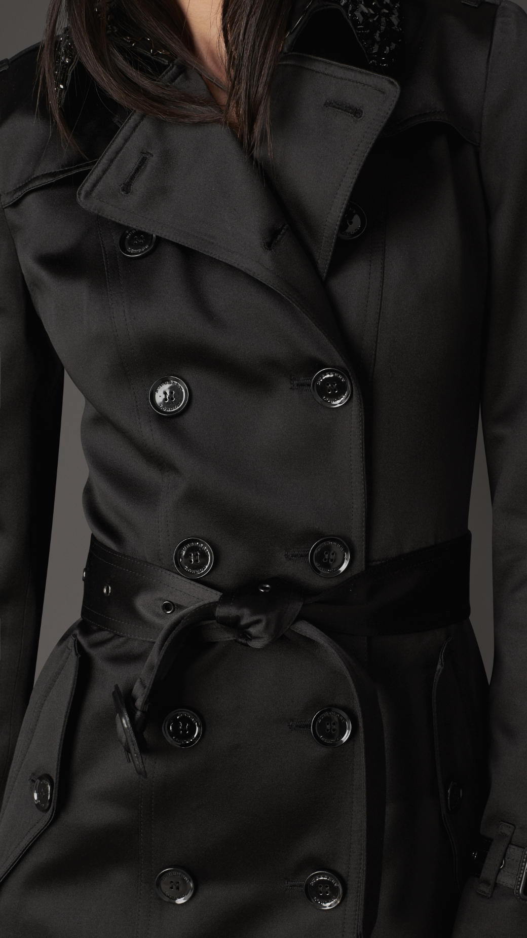 Lyst Burberry Long Gem Collar Satin Trench Coat in Black