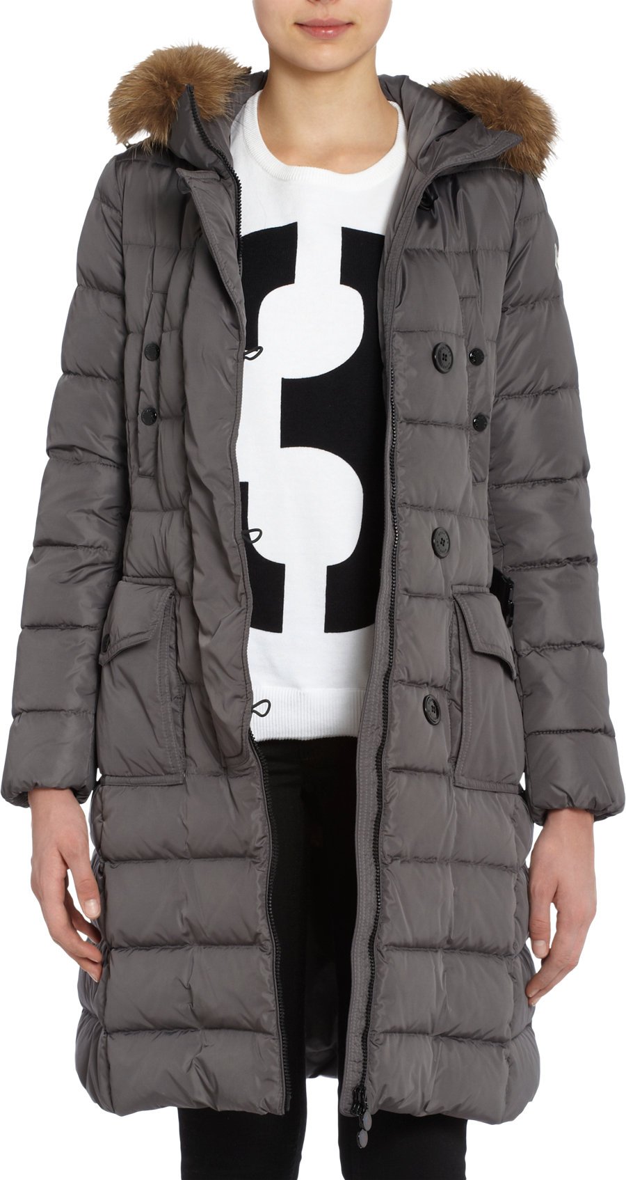Moncler Fur Trimmed Hooded Long Puffer Coat in Gray (grey) | Lyst