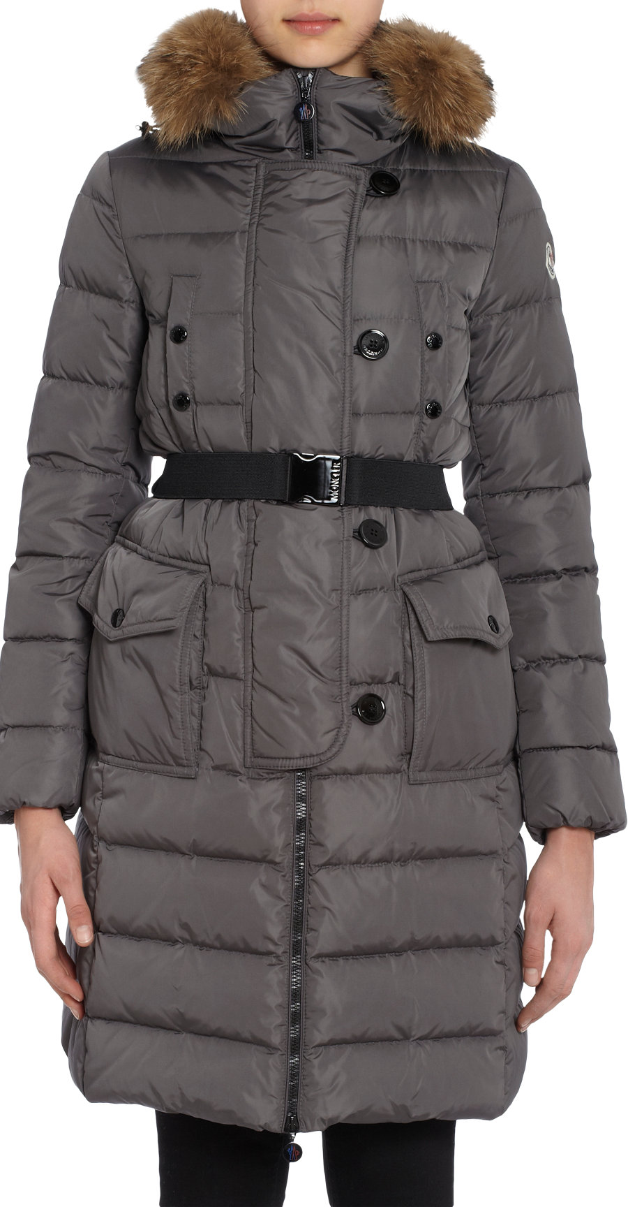 Moncler Fur Trimmed Hooded Long Puffer Coat in Gray (grey) Lyst
