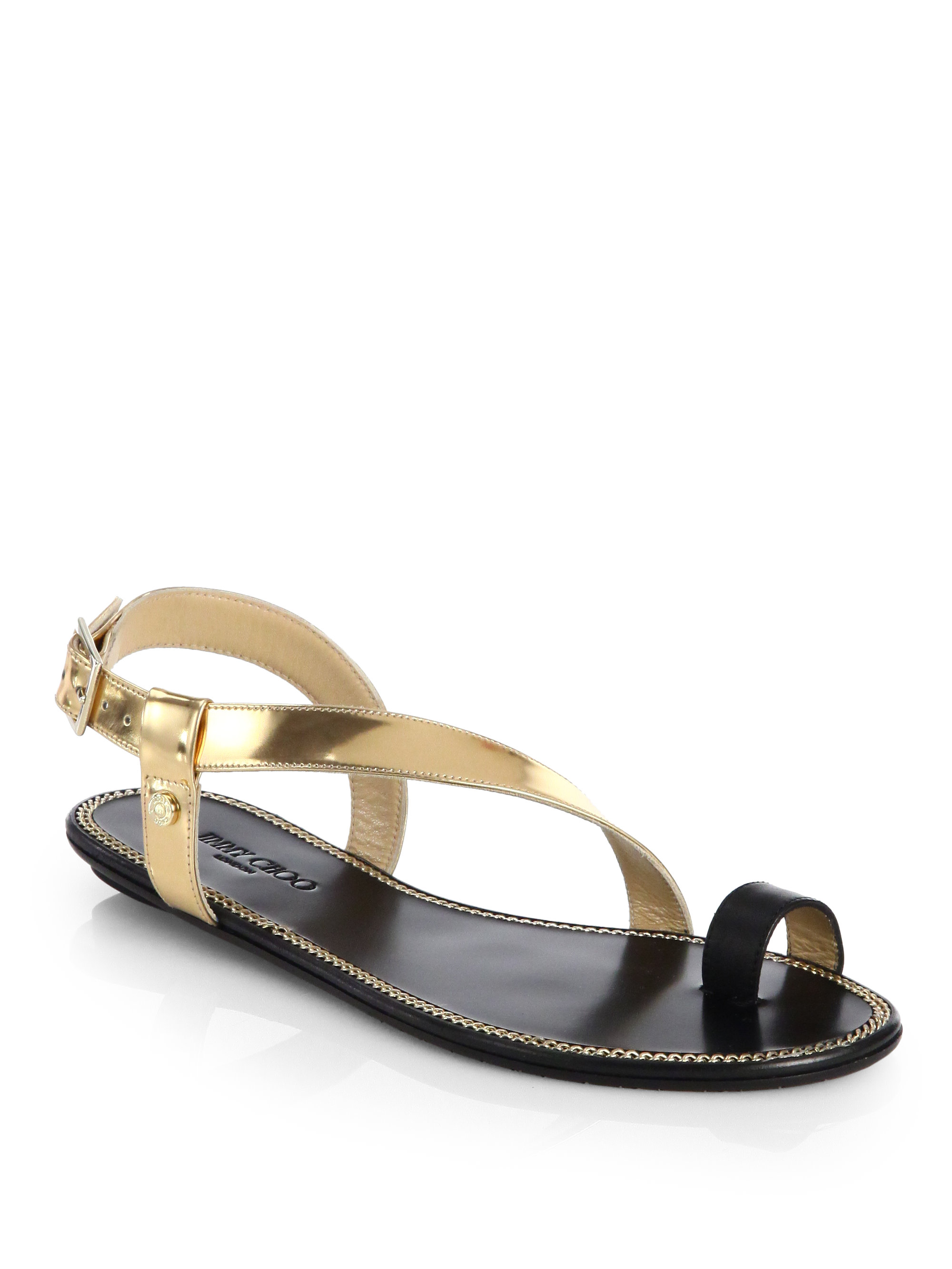 Jimmy Choo Neru Mirror Leather Toe Ring Sandals in Black Gold 