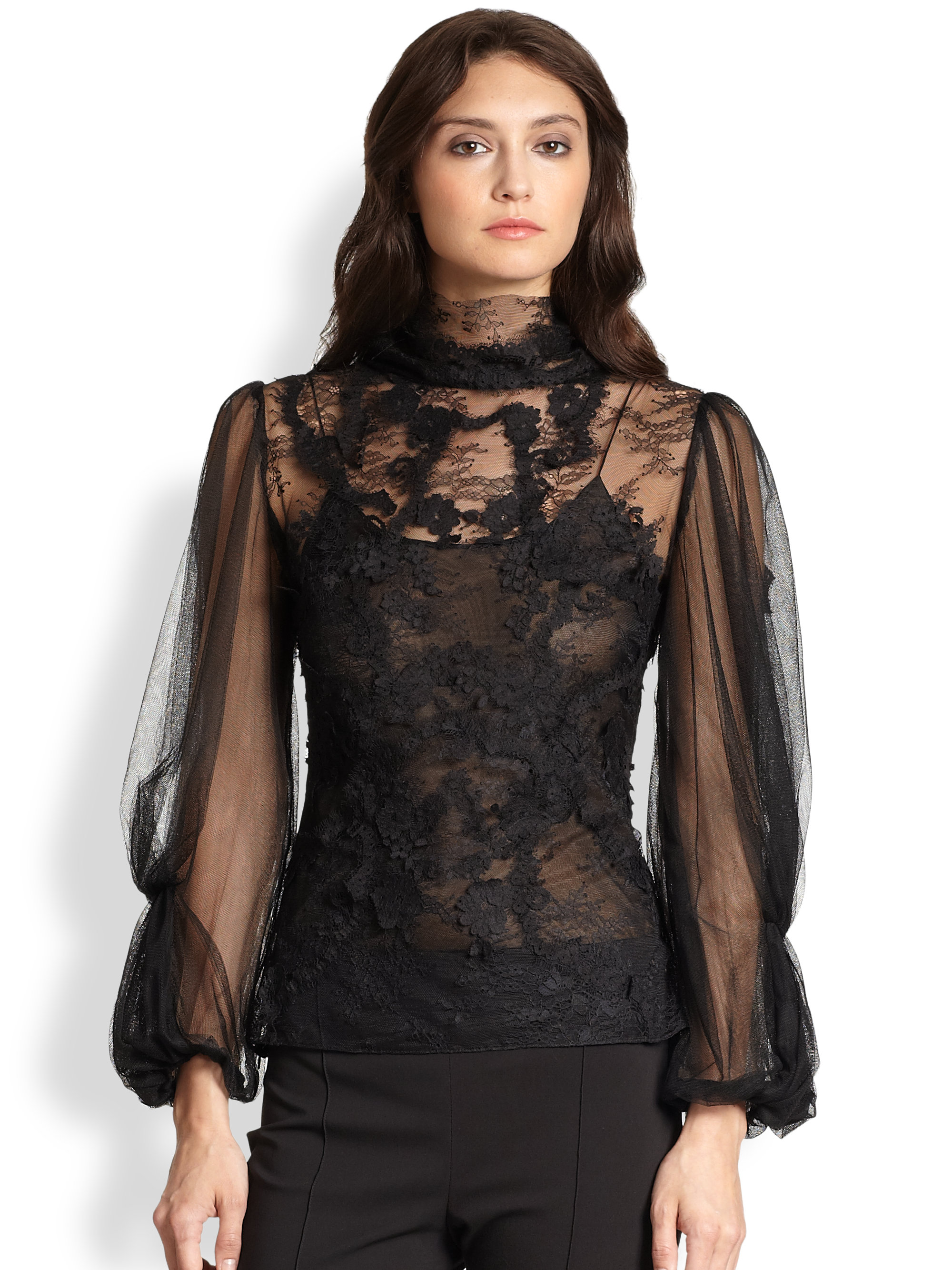 Oscar de la Renta Longsleeve Lace Blouse in Black | Lyst